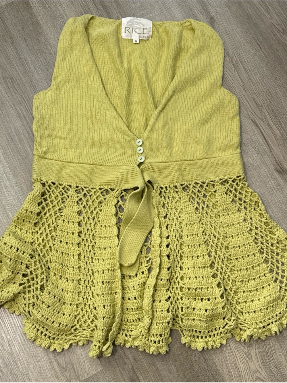 Ice Lime Green Crochet Knit Tie-Front Sleeveless Top